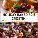 Sourdough slices with baked brie and cranberries arranged beside charcuterie board holiday style.